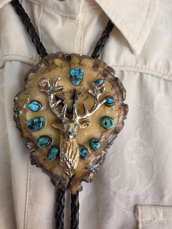 Jewelry - Western Deer Antler Bolo Tie Turquoise Stone Buck Rustic Cowboy Handmade